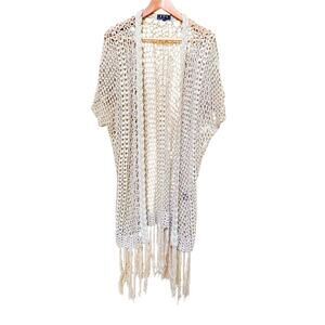 Pol Crochet Coverup Cardigan sz S Beige Boho Fringe Vacation Beach Pool Party